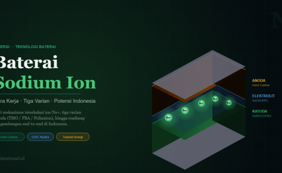 Ilustrasi 3D baterai sodium ion dengan ion Na bergerak antara katoda dan anoda