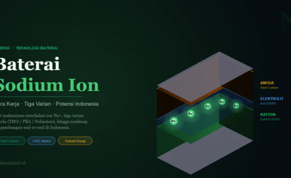 Ilustrasi 3D baterai sodium ion dengan ion Na bergerak antara katoda dan anoda
