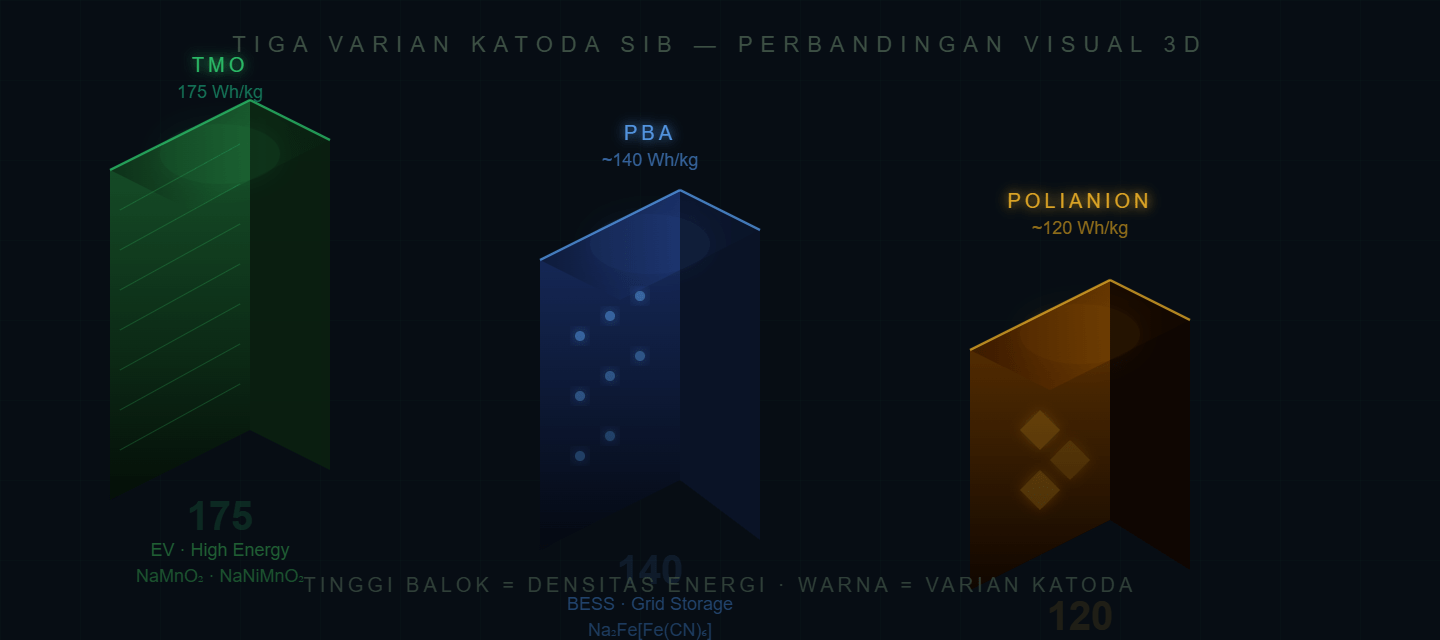 Perbandingan tiga varian katoda SIB - TMO PBA Polianion 3D
