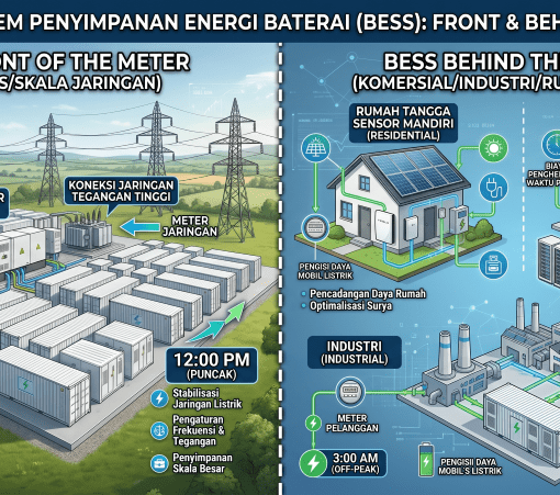 ilustrasi BESS BTM dan FTM dalam sistem kelistrikan Indonesia