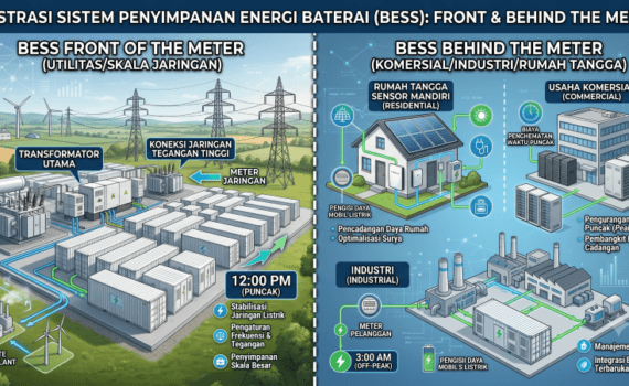 ilustrasi BESS BTM dan FTM dalam sistem kelistrikan Indonesia
